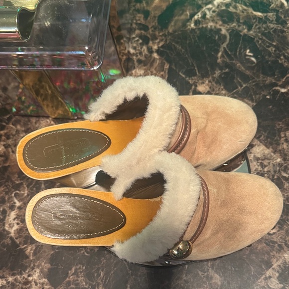 Coach Ivanka Women's Beige Fur Trim Wedge Mules - Size 8M - Picture 8 of 11